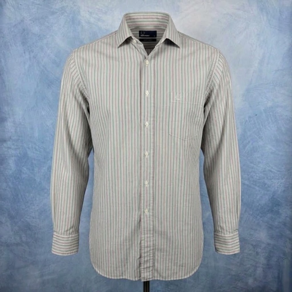 Dunhill Mens Cotton Striped Button Down Shirt Made in England Green Red 15.5 39